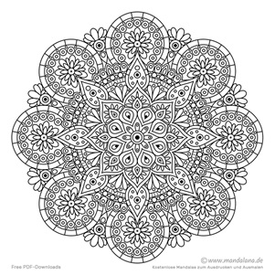 Schwieriges Mandala mit vielen Details -Malvorlage mit kleinen Flächen zum ausmalen. Kosteloses Mandala mit vielen Details